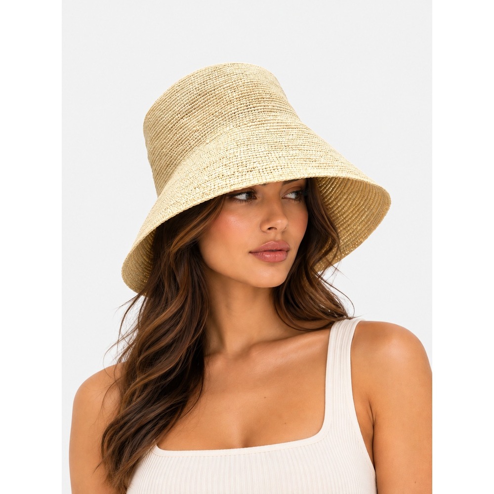 Cuyana Hand Woven Panama Straw Wide Brim Bucket Hat Natural Beige Size 56 XS